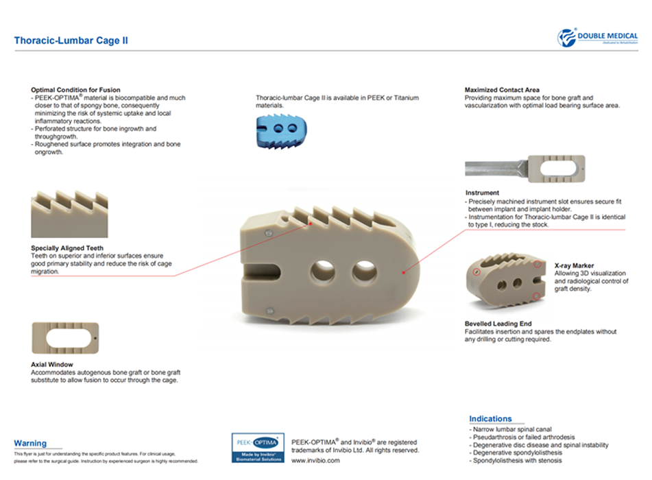 The PLIF cage is desgned with optimal condition for fusion, specially aligned teeth, axial window, maximized contact area, x-ray Marker, bevelled leading end, focusing on curing narrow lumbar spinal canal, pseudarthrosis or failed arthrodesis, degenerative disc disease and spinal instability, degenerative spondylolisthesis, spondylolisthesis with stenosis.