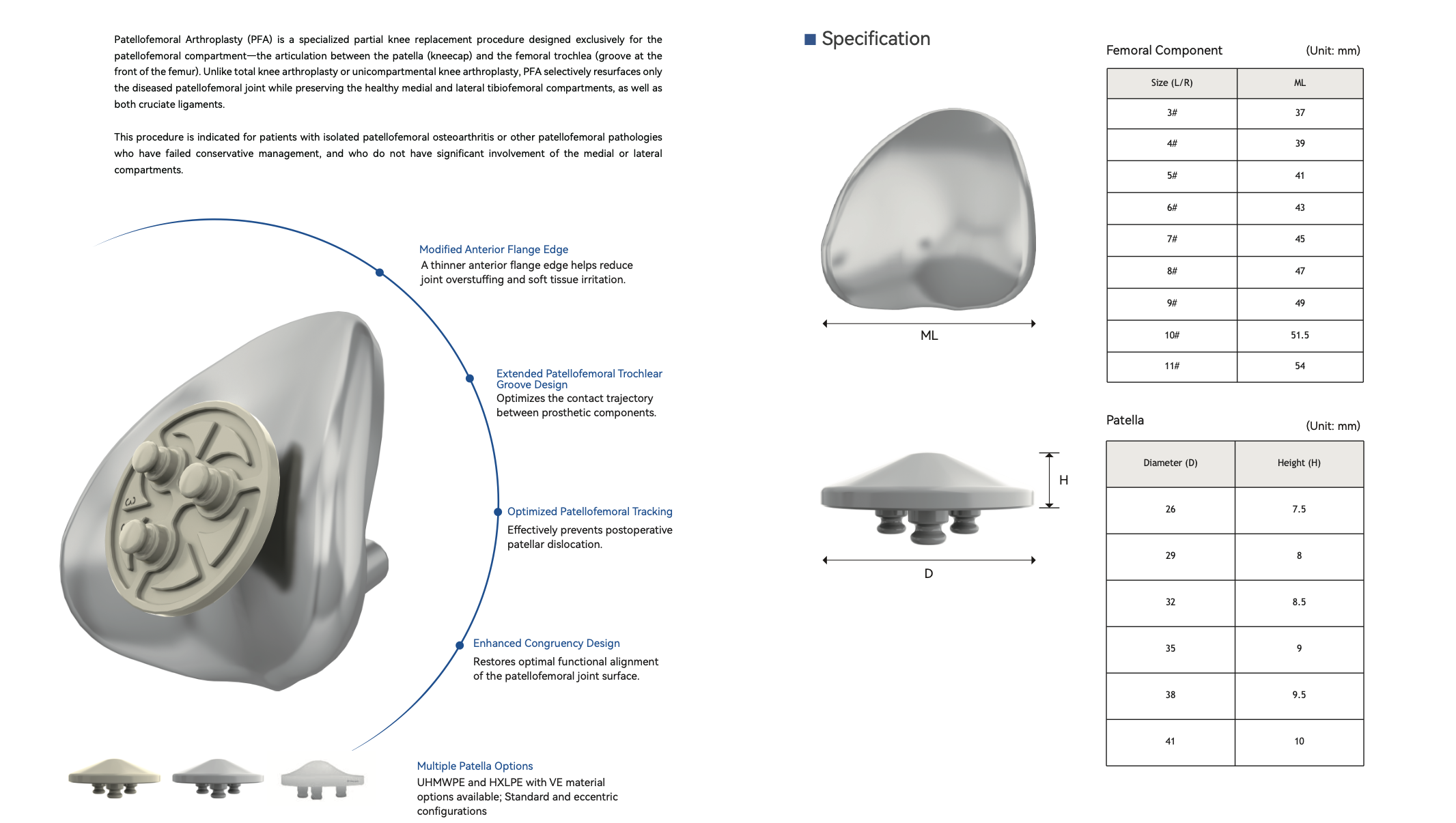 The MEI-FOA Patellofemoral Joint System is designed for the treatment of isolated patellofemoral joint disorders where conservative treatment has failed, providing a targeted solution for patients with anterior knee pain. The system focuses on restoring natural patellofemoral joint function through an anatomically driven design. With an optimized Q-angle concept and gender-specific considerations, it accommodates a wide range of anatomical variations across patients. By preserving the unaffected tibiofemoral compartments, the system offers a bone-preserving and function-oriented alternative to total knee arthroplasty. Manufactured from CoCrMo alloy, the system provides multiple size options for both patellofemoral components and patella components, with left and right configurations. It can also be combined with unicondylar knee systems for enhanced surgical flexibility.