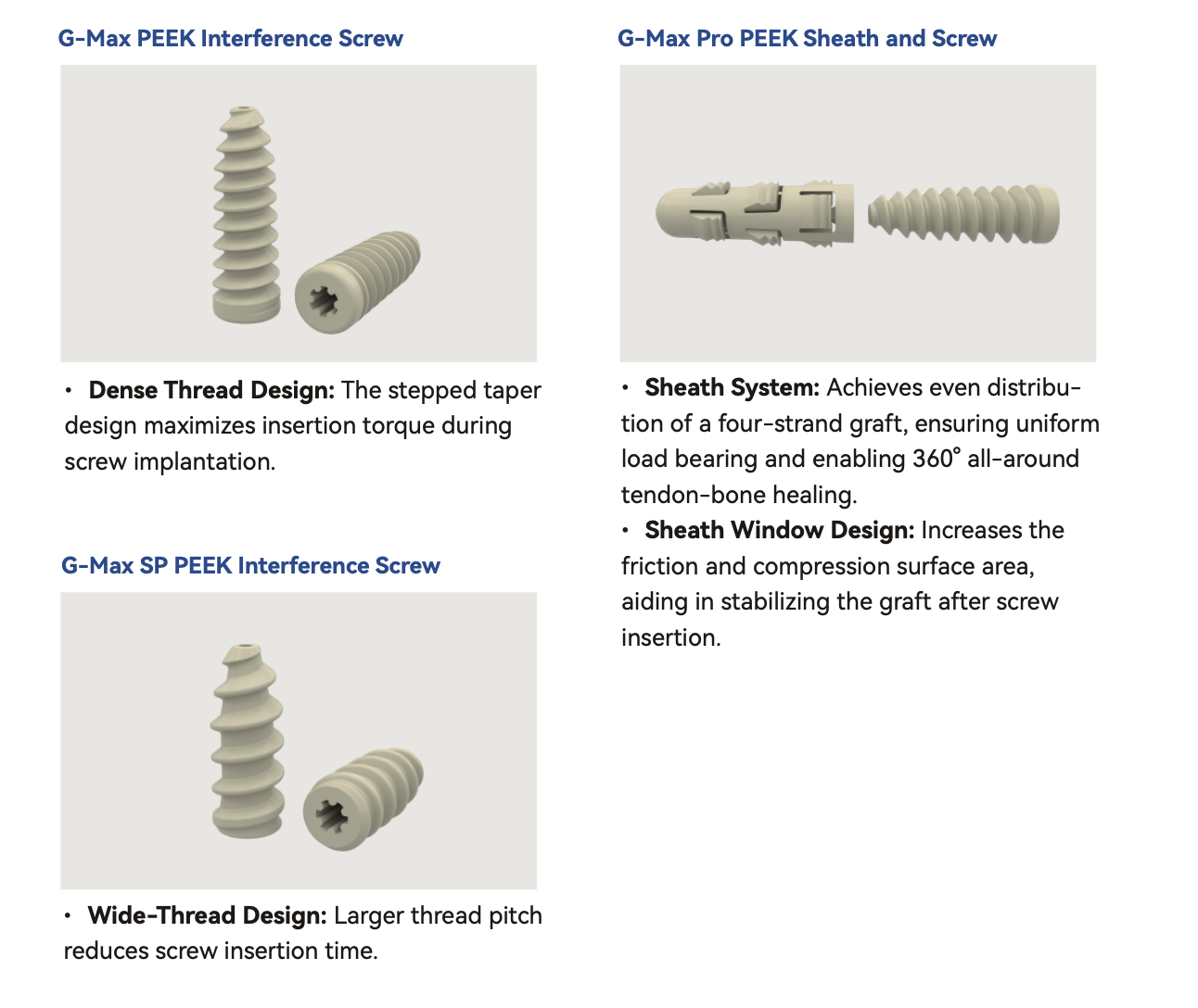 G-Max Interference Screw 1 For ACL/PCL Reconstruction. Constructed from high‑strength PEEK material with outstanding biocompatibility.