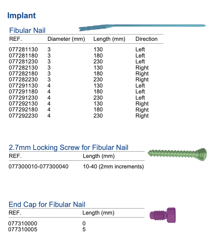 The Fibular Nail system delivers rigid multi‑planar distal locking with anatomical‑angled nail design for optimal intramedullary fit. 2.7 mm locking screws provide secure fixation for small‑bone anatomy. The dedicated aiming shaft facilitates accurate screw placement and avoids articular surface violation. End caps block soft‑tissue ingrowth and simplify nail removal. Multiple diameters, lengths and left‑right variants cover distal fibular and complex ankle syndesmosis‑related fractures.