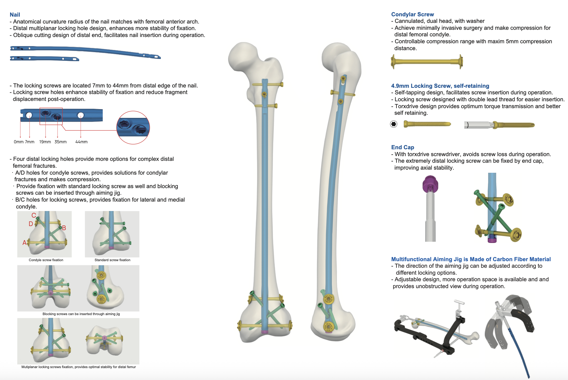 Retrograte Femoral Nail 2 The Retrograde Femoral Nail features anatomical curvature matching the femoral anterior arch, with distal multiplanar locking holes for enhanced fixation stability. Four distal locking options—condyle screw holes with up to 5mm compression, standard locking, blocking screws and medial/lateral condyle fixation—address complex distal femoral fractures.