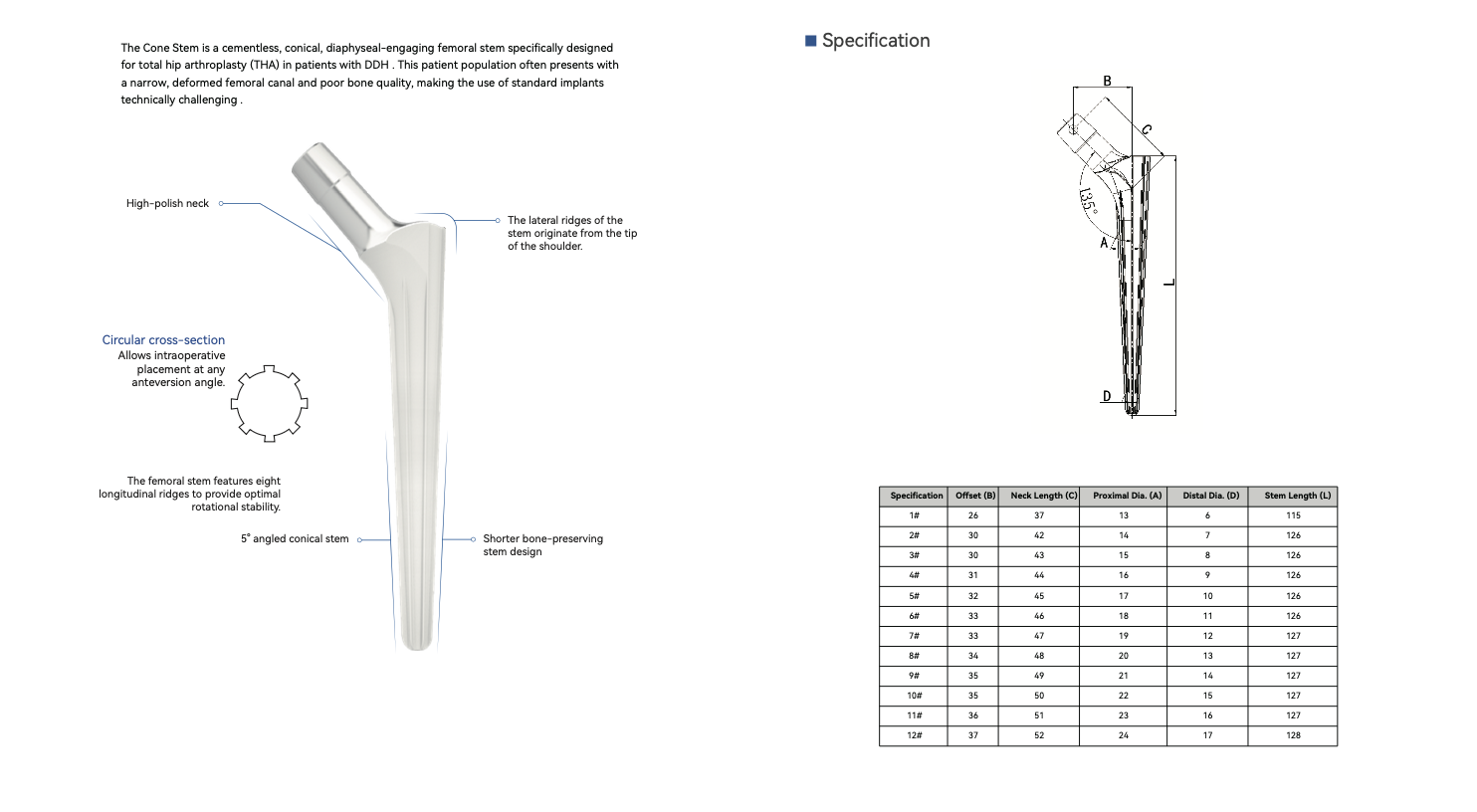 DDH Cementless Stem 1 Designed for total hip arthroplasty in DDH patients with narrow, deformed femoral canal and poor bone stock. Featuring 5° angled conical profile, eight longitudinal ridges for superior rotational stability, circular cross‑section allows flexible intraoperative anteversion adjustment. High‑polish neck and bone‑preserving short stem deliver reliable solution for complex hip reconstruction.