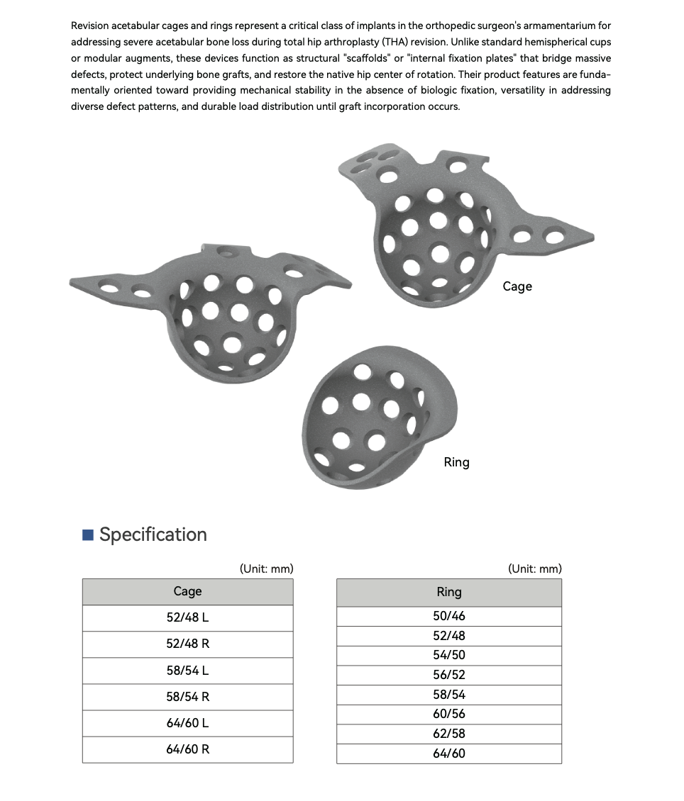 Reconstruction Cages/Rings 1 Reconstruction Cages/Rings restore hip rotation center for severe acetabular bone loss in revision THA.