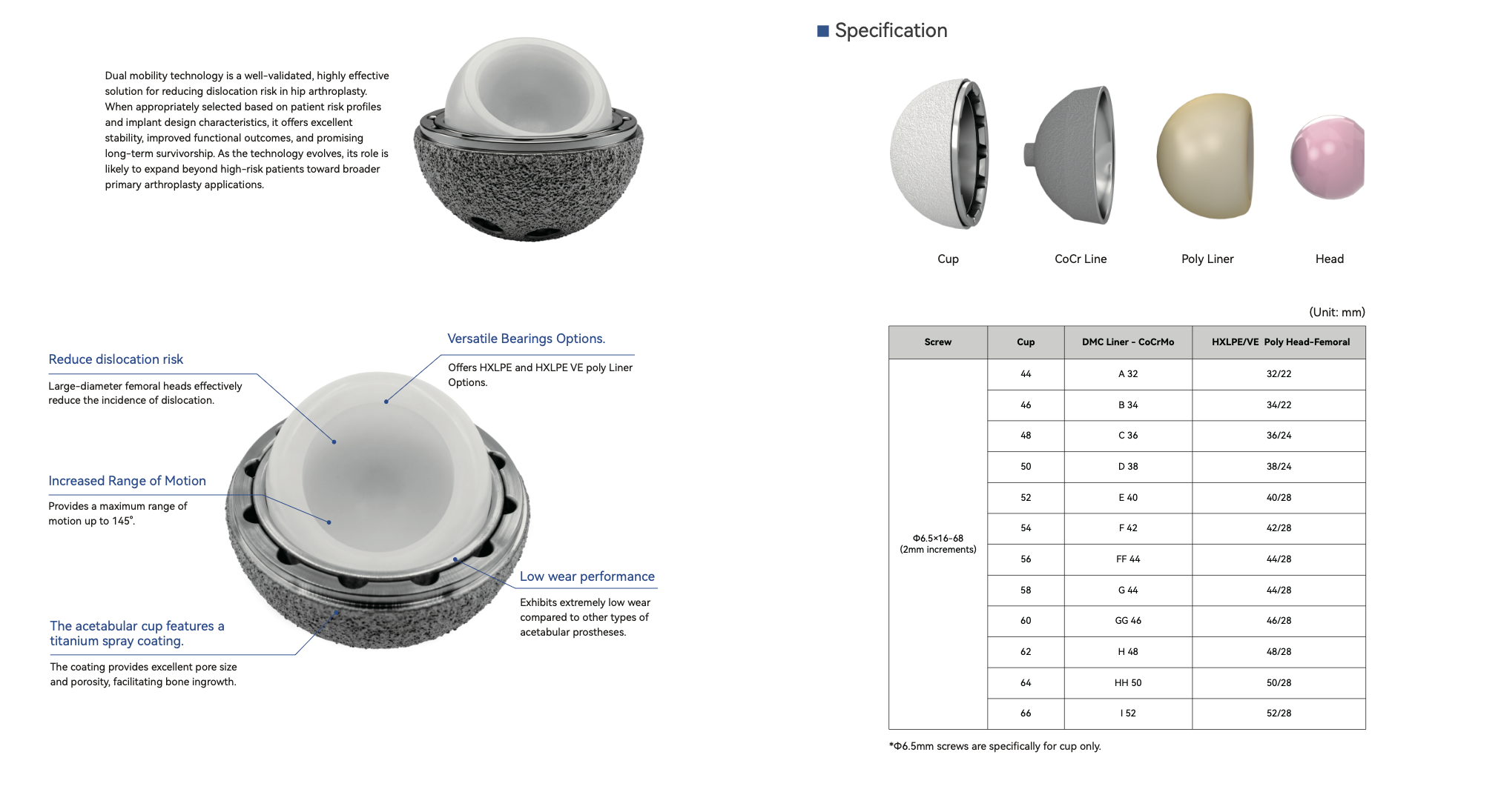 Dual Mobility Cup System (DMC) 2 Proven dual‑mobility technology reduces dislocation risk with up to 145° range of motion. Titanium‑sprayed porous cup enables bone ingrowth. Vitamin‑E infused liner resists oxidation and delivers low‑wear performance, ideal for high‑risk primary and revision hip arthroplasty.